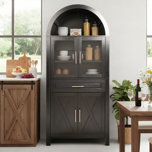 GDFStudio Elda Farmhouse 70.8" Tall Arched Kitchen Cabinet with Glass Doors, Hidden Drawer and Adjustable Shelves - 1 of 4