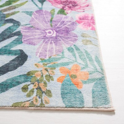 Aqua and Pink Floral Synthetic Washable Rectangular Rug