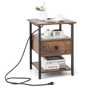 Tangkula Nightstand Bedside Sofa End Table w/ Charging Station Open Shelves & Drawer - 1 of 4