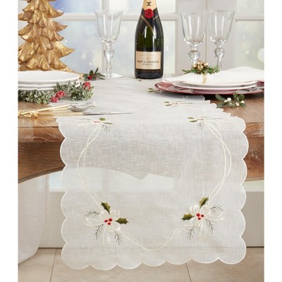 White Embroidered Holly and Ribbon Table Runner