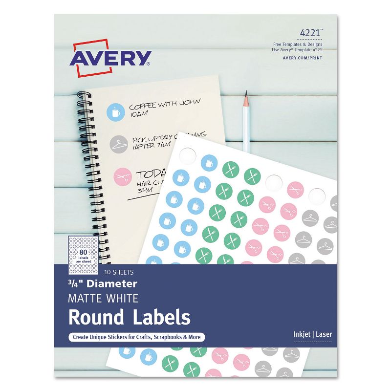Avery Printable Self-Adhesive Permanent 3/4" Round ID Labels 3/4" dia. White 800/Pk 4221, 1 of 9