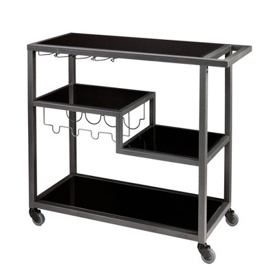 Metal Bar Cart with Tempe Glass Shelves Gunmetal Gray/Black - Benzara