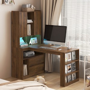 KTMBDW L Shaped Home Office Desks with Drawers and Bookshelf, Storage Shelves, Modern Wooden Gaming Computer Corner Table for Work, Writing - 1 of 4
