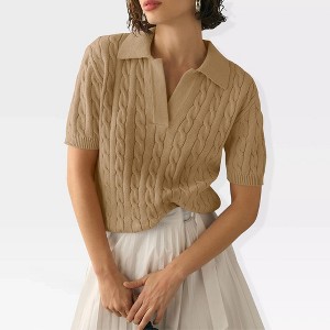 Womens Sweater Knit Tops Short Sleeve No Buttom Polo Collar Sweater Ribbed Cuff Fancy Knitwear - 1 of 4
