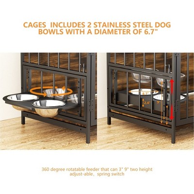 Small Brown Wooden and Steel Dog Crate Table with Bowls