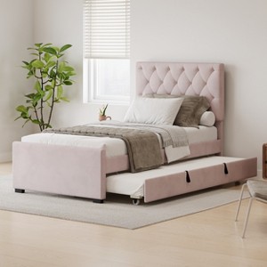 Twin Size Velvet Platform Bed with Trundle Bed Headboard and Adjustable Button Tufted Headboard, No Box Spring Needed-ModernLuxe - 1 of 4