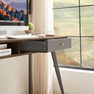 Vynxaria Mid Century Modern Walnut Computer Desk with USB Ports Power Outlet Storage Drawers Suitable for Computer Office Games - 1 of 4