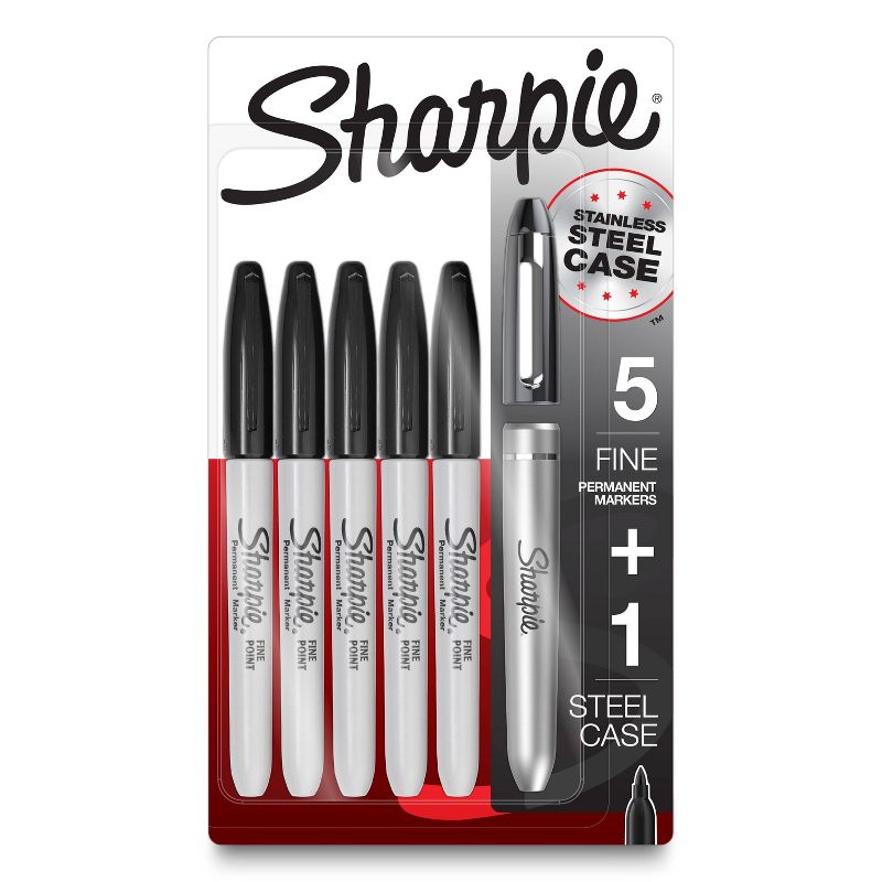 Sharpie 5ct Permanent Markers Fine Tip Stainless Steel Case Black Ink, 1 of 6