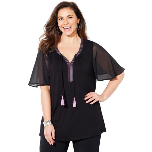 Catherines Women s Plus Size Flutter Sleeve Peasant Top 2x Black Embroidery Target