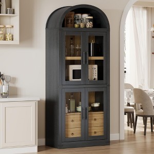 Arched Pantry Cabinet with Doors 71.4in Tall Wood Bookcase with 2 Drawers - 1 of 4