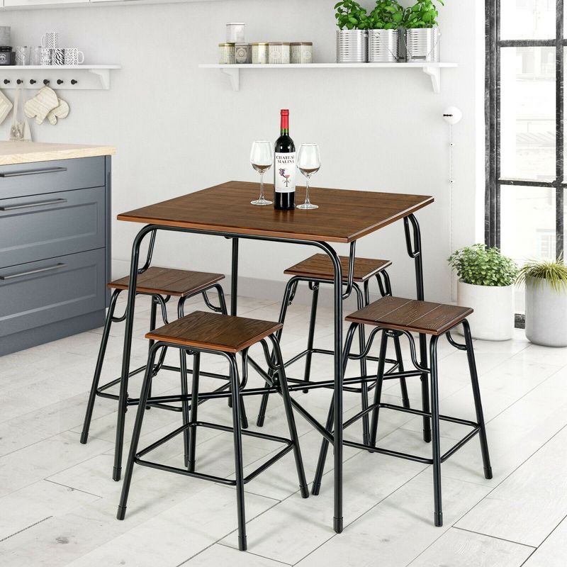 Costway 5PCS Bar Table Set Counter Height Dining Set w/ 4 Stools Rustic Brown, 4 of 11