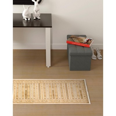 Ivory and Beige Striped Synthetic Runner Rug with Fringe