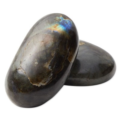 Okuna Outpost 2 Pack Black Natural Labradorite Crystals Palm Stone Gemstones with Pouch and Box for Home Decor, 2 in.