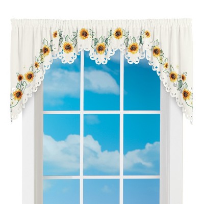White Polyester Embroidered Sunflower Rod Pocket Window Swags