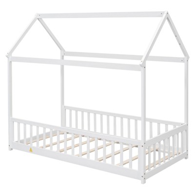 FONTOI Beds, Twin Floor Bed with Frame, Wood Bed with Guardrails, Roof and Slats for Girls and Boys, White, 44.8"*72.4"*78.2"