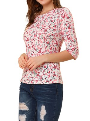 INSPIRE CHIC Women's Elbow Sleeves Boat Slim Fit Casual Stripe Animal Print Multi Floral Pattern T-Shirt