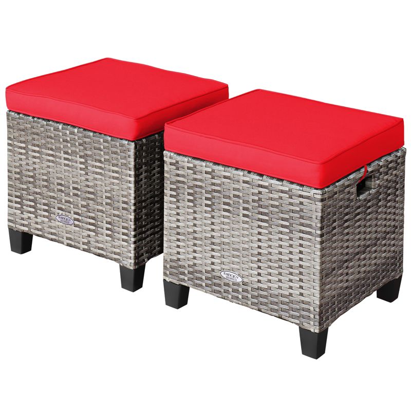 Tangkula Set of 2 Outdoor Rattan Cushioned Ottoman Seat All Weather Patio Footrest Red/Turquoise, 1 of 7