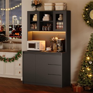 Whizmax Kitchen Pantry Cabinet with LED Lights and Charging Station, Tall Storage Cabinet with Countertop, Pantry with Drawer and Glass Doors - 1 of 4