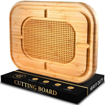 Bamboo Meat Cutting Board - Heavy Duty Wood Chopping Board & Butcher Block - Reversible Tray with Juice Groove & Spikes, Stabilizes Meat While Carving