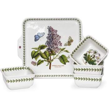 Portmeirion Botanic Garden 5-Piece Porcelain Accent Bowl Set, 8 Inch Handled Plate & 3.75 Inch Square Bowls - Assorted Floral Motifs ,