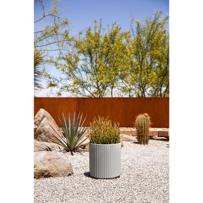 Gray Fluted Plastic-Concrete Round Planter, 11.5" H