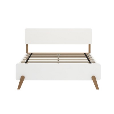 Mid-Century Modern Full-Size White and Pecan Wood Platform Bed