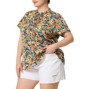 Agnes Orinda Women's Plus Size Self-tie Ruffle Pleated Floral Elegant Casual Blouses - 1 of 4