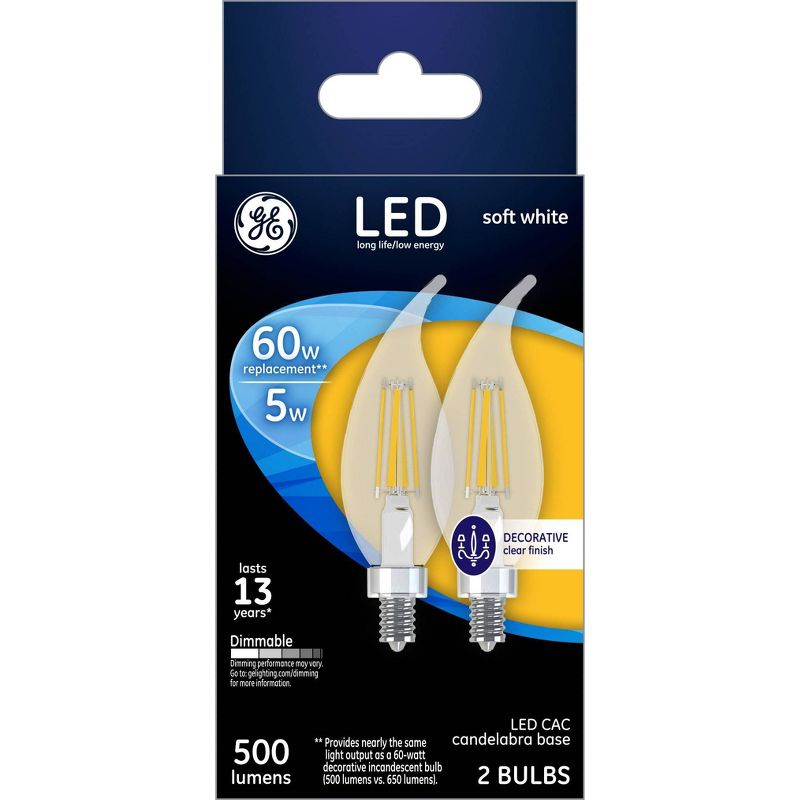 GE LED 60w 2Pk CAC Chandelier Light Bulb White/Clear, 1 of 5