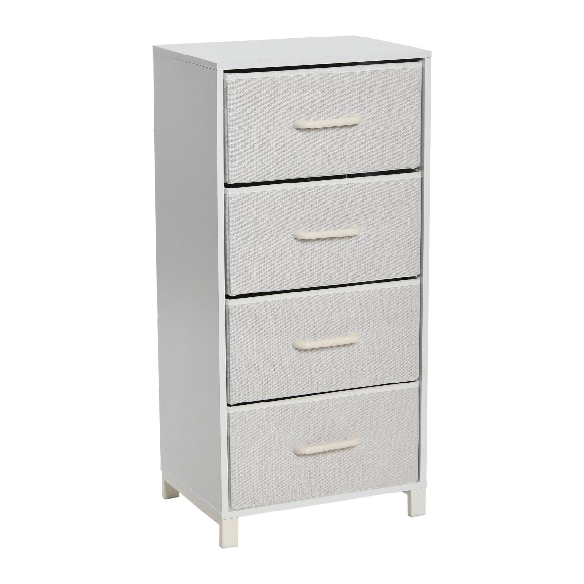 White tall dresser with four fabric-covered drawers and short legs