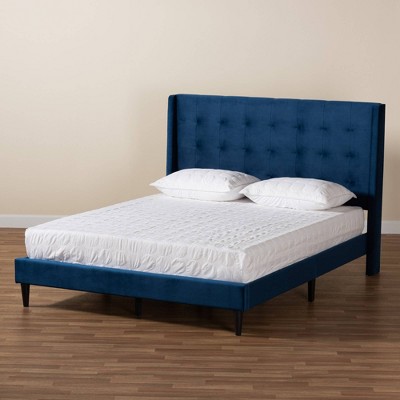 Queen Navy Velvet Upholstered Wood Platform Bed with Tufted Headboard