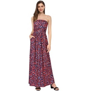 Clearlove Women Strapless Casual Loose Ruched Long Maxi Dress with Pockets - 1 of 4