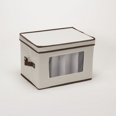 Gray Fabric Collapsible Lidded Storage Bin with Trim