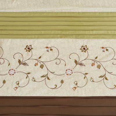 Green and Beige Faux Silk Embroidered Floral Shower Curtain