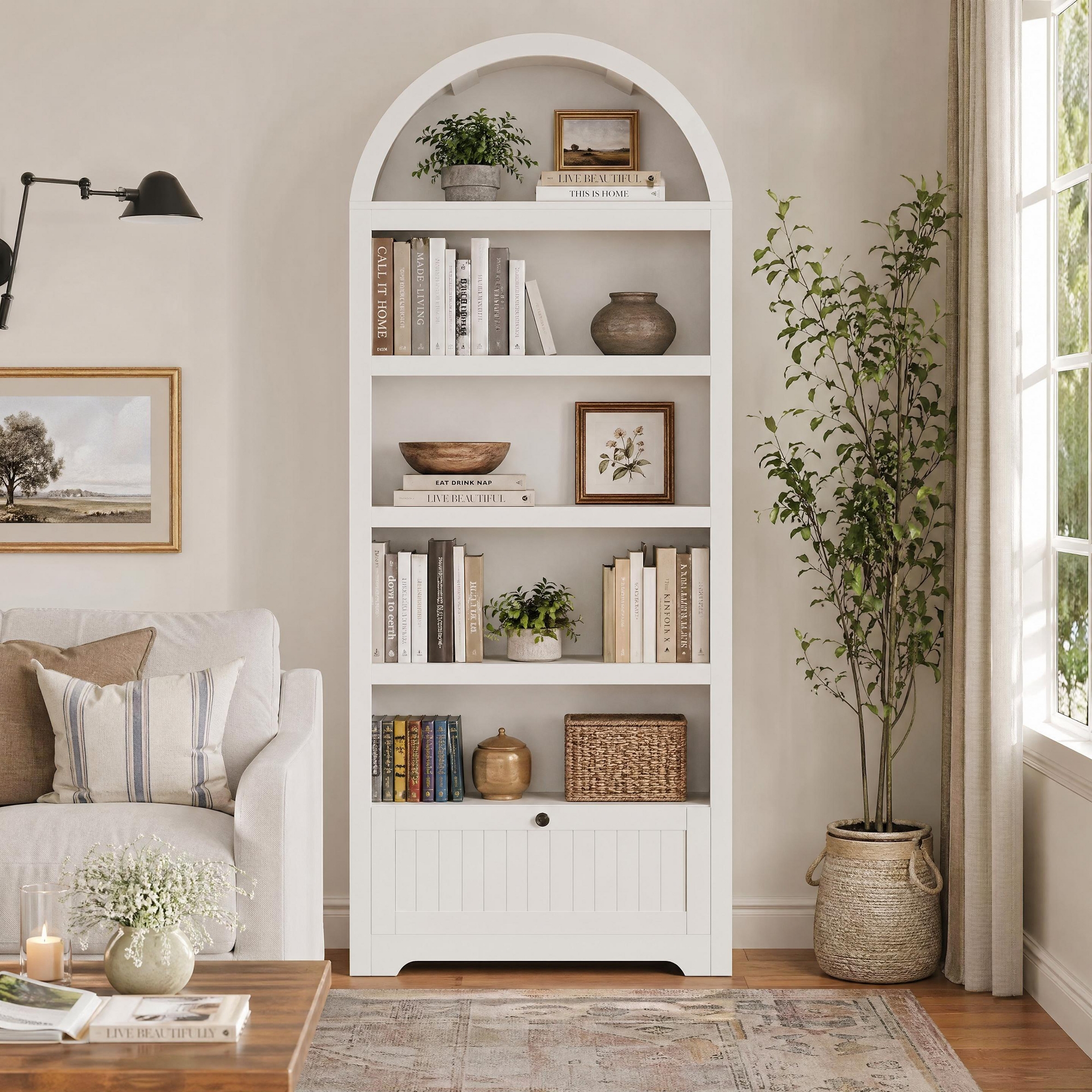 COZONY Arched Bookcase with Drawer, 72 Inch Tall Bookshelf with Storage Shelves
