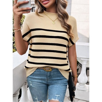 Women's Color Block Short Sleeve Sweater - Stylish Casual Knit Pullover Top with Contrast Trim