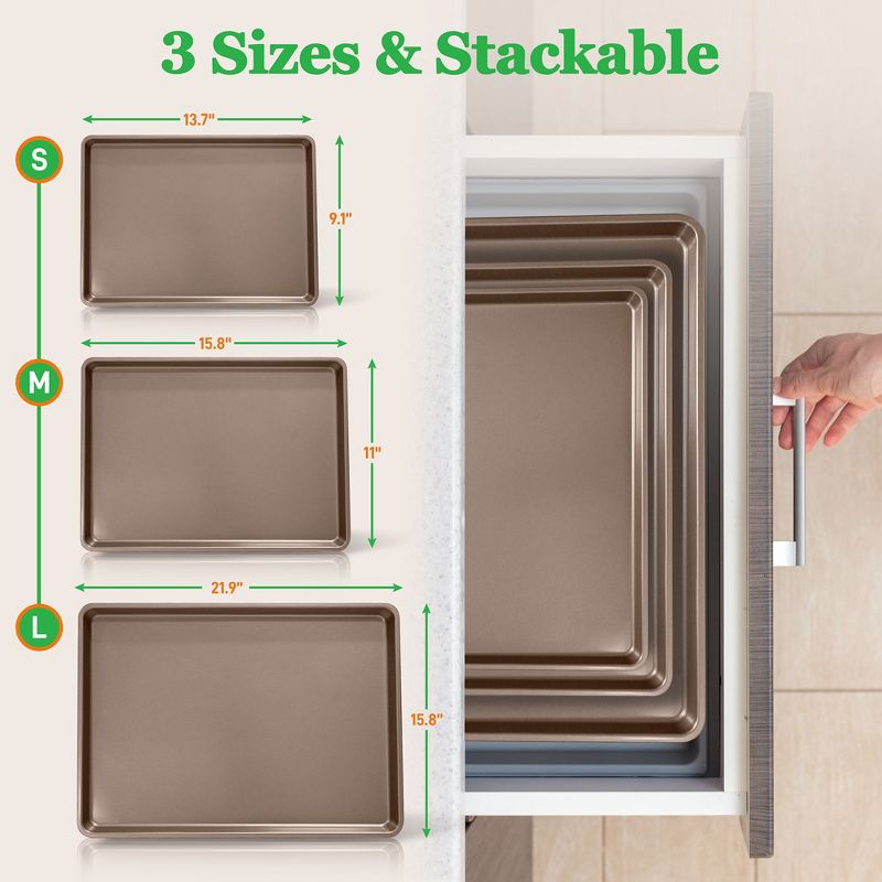 NutriChef Nonstick Cookie Sheet Baking Pan - 3pc Metal Oven Baking Tray, Professional Quality Kitchen Cooking Non-Stick Bake Trays, 2 of 4