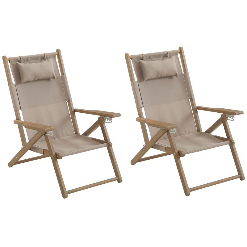 Set of 2 Beach Chairs - Outdoor Weather-Resistant Wood Folding Chairs with Carry Straps and Reclining Seat - Beach Essentials by Lavish Home (Taupe), 1 of 2