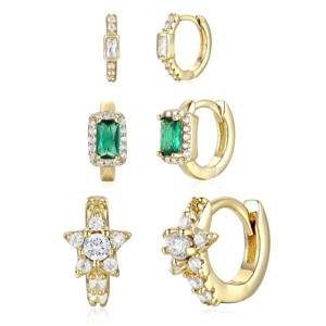 Guili Celestial Shine Sterling Silver 14K Gold Plated Emerald & Clear Cubic Zirconia Halo Star Hoop Earrings Set for a Luxe Radiance - 1 of 2