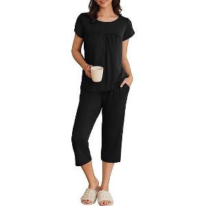 Ekouaer Womens Pajama Set Short Sleeve Sleepwear Pleated Floral Pjs Set Capri Pants Lounge Sets with Pockets - 1 of 4