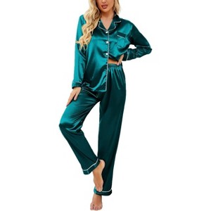 Ekouaer Women's Classic Button Down Long Satin Silk Pajama Set - 1 of 4