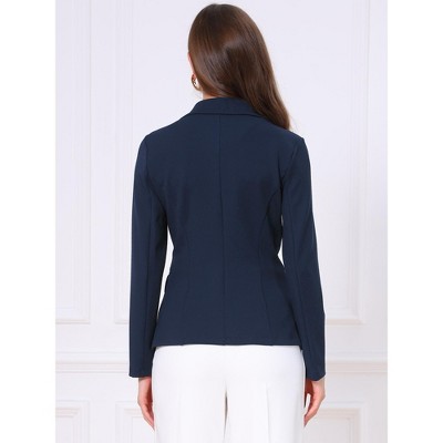 INSPIRE CHIC Women's Long Sleeves Notched Lapel Work Office Button-Down Solid Blazer with Pockets Small Navy Blue — фото 3