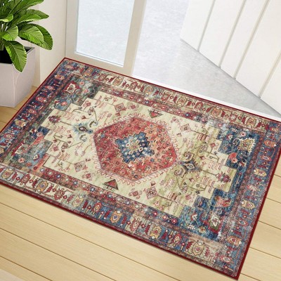 Washable Rug Traditional Boho Print Distressed Area Rug for Living Room Bedroom