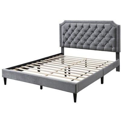 DOMETOUR Velvelt Tufted Nailhead Platform Bed, Queen - Charcoal