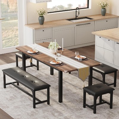 5-Piece Extendable Dining Table Set for 4-8 People with 2 Benches and 2 Square Stools – Mid-Century Kitchen Table