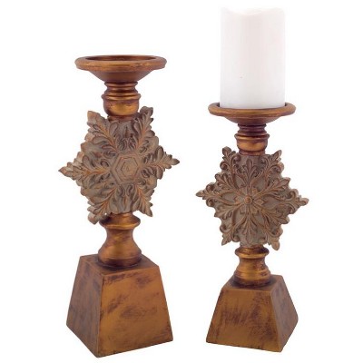 Melrose 2ct Antique Style Snowflake Christmas Pillar Candle Holder Set 13" - Brown