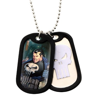 Men's Marvel Punisher Double Stainless Steel Dog Tag and Rubber Silencers Chain Necklace (22")
