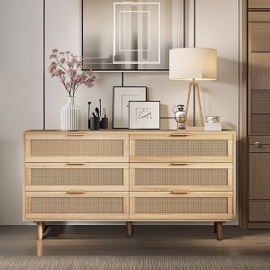 QingMoon Rattan Storage Cabinet, 6 Drawer Double Dresser, Entryway Chest of Drawers with Metal Handle for Living Room and Bedroom - 1 of 4