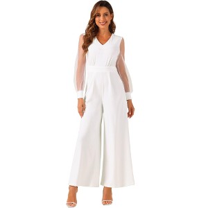 Allegra K Women's Elegant V Neck Mesh Long Sleeve Loose Wide Leg Party Jumpsuits - 1 of 4