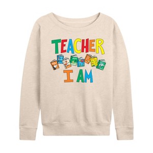 Women's - Dr. Seuss - The Cat In The Hat Book Cover Teacher I Am Lightweight French Terry Wide Neck Long Sleeve Shirt - 1 of 4