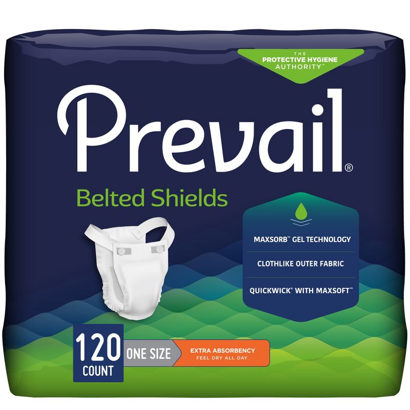 Prevail Incontinence Belted Shields, Extra Absorbency, One Size Fits Most, Button Closure, 120ct, 1 of 3